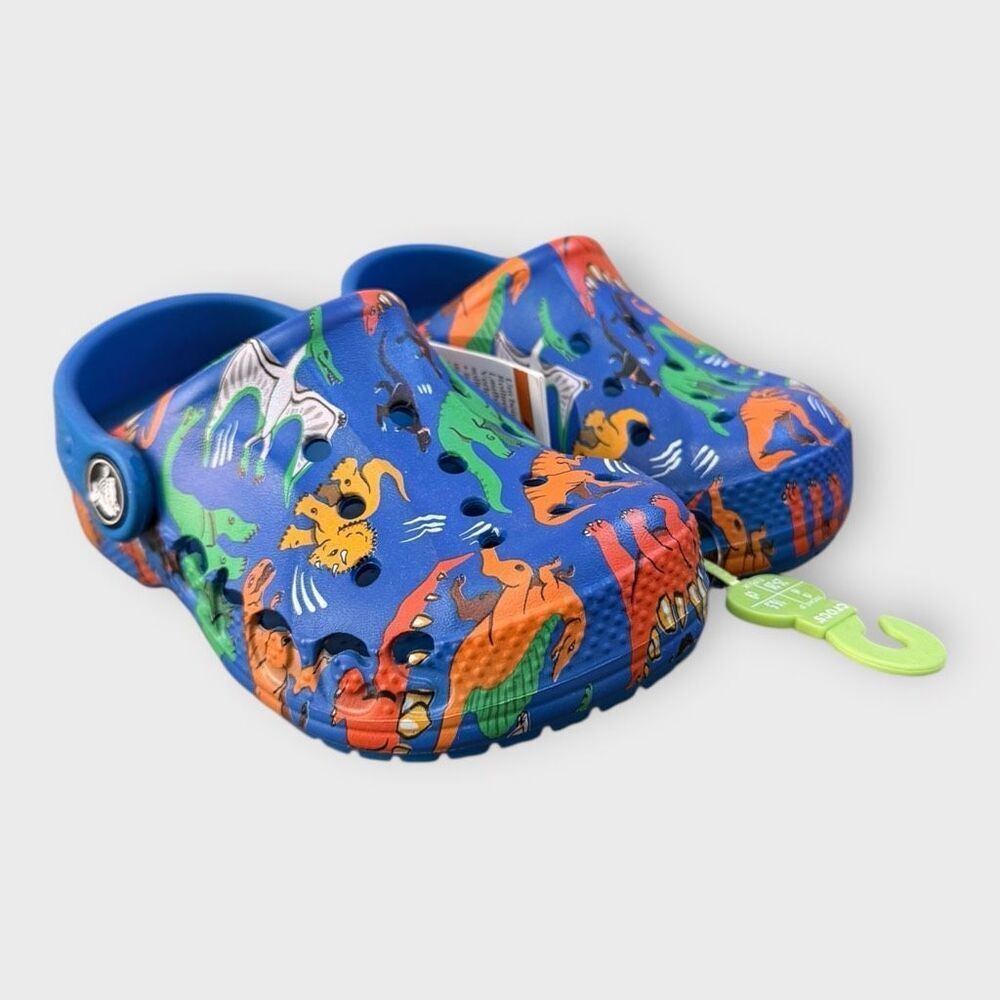 Crocs Kids Baya Seasonal Dinosaur Graphic Print Bright Cobalt Blue Clogs size C9